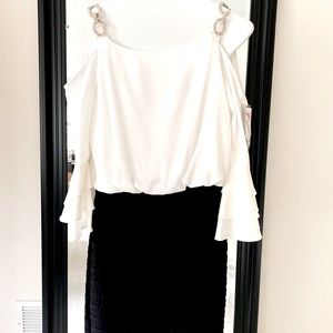 BETSEY & ADAM Black & White Tiered Dress With Rhinestone Strapes